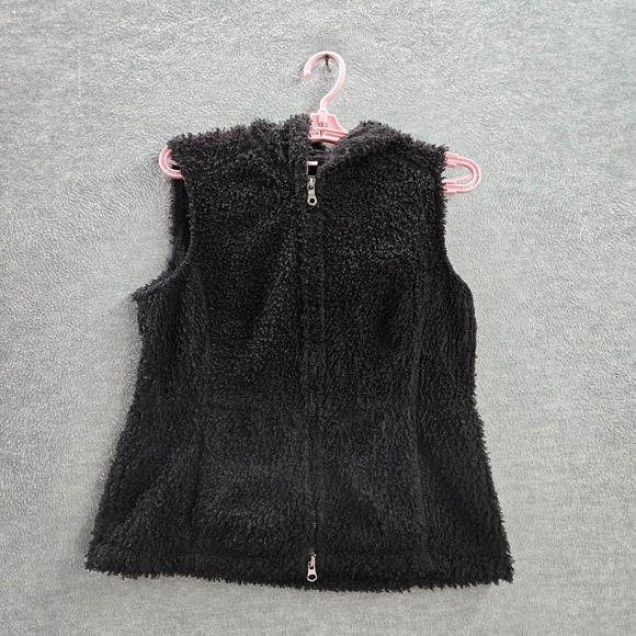 J Jill Women Jacket Small Black Sherpa Full Zip Hoodie Sleeveless Pockets - Picture 1 of 9